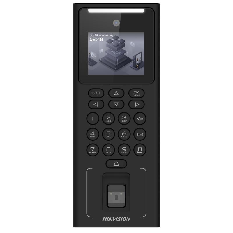 CONTROL DE ACCESO HIKVISION CON RECONOCIMIENTO FACIAL, LCD DE 2,4 PULGADAS, 2 MPX, WI-FI, ROSTRO, HUELLA, TARJETA, PIN, PROTOCOLOS ISAPI E ISUP 5.0, RS-485, 12 VCC