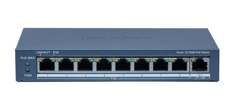 SWITCH POE HIKVISION DE 8 PUERTOS POE 10/100M, 1 PUERTO GIGABIT RJ45, ADMINISTRABLE , 802.3AF,  110W