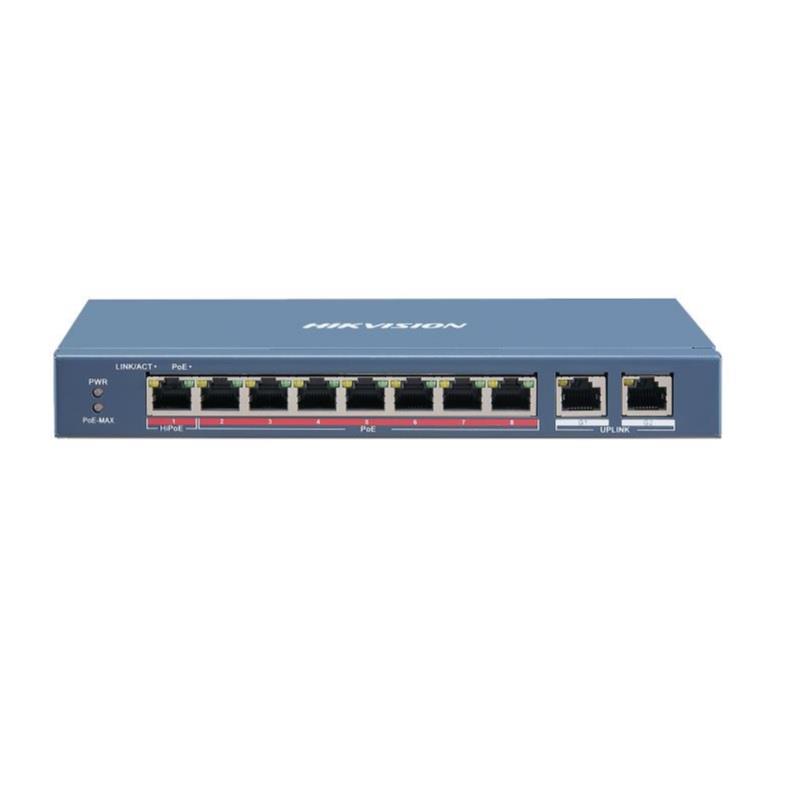 SWITCH POE HIKVISION DE 8 PUERTOS POE DE 10/100 MBPS, 2 RJ45 DE 10/100 MBPS, , 802.3AF,  120W, 48 VDC, 2,5A