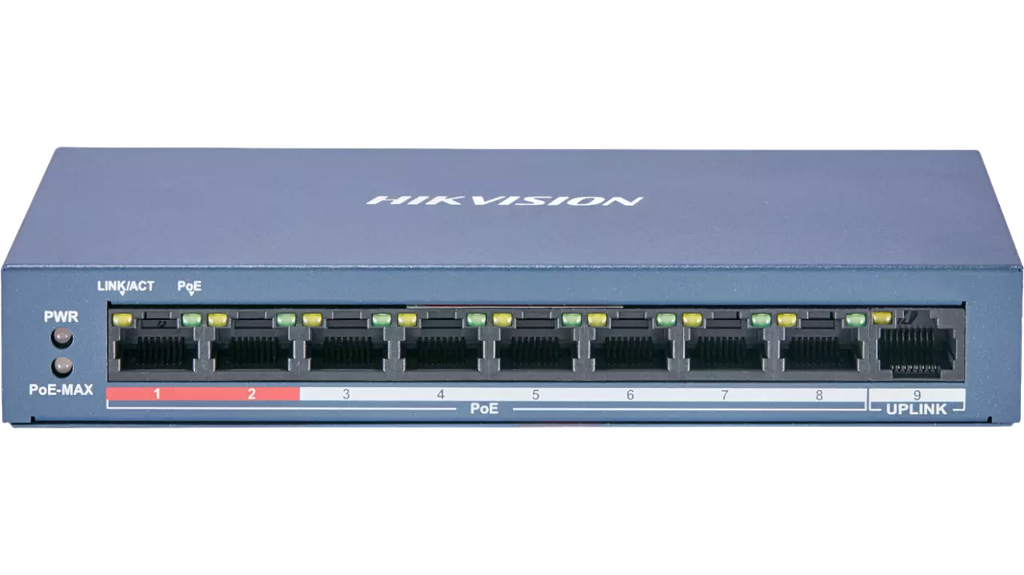 SWITCH POE HIKVISION DE 8 PUERTOS POE/POE+ (RJ-45) 10/100 MBPS,  MÁS UN PUERTO 100 MBPS (RJ-45), POE 60W, 48 V CC, 1,35 A