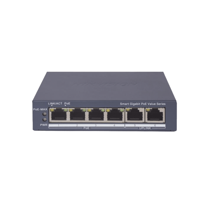 Switch Gigabit PoE+ Hikvision Administrable 4 Puertos GB Mbps PoE+, 2 UP links Gb, Nube, 45 Watts