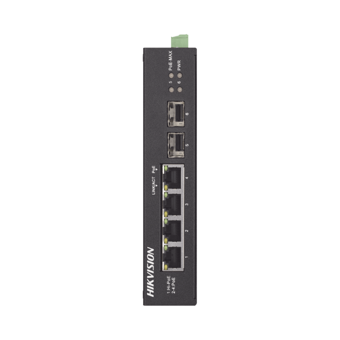 SWITCH HIKVISION NO ADMINISTRABLE INDUSTRIAL,  3 Puertos Gigabit PoE+, PoE++ , 2 SFP,  65 W 