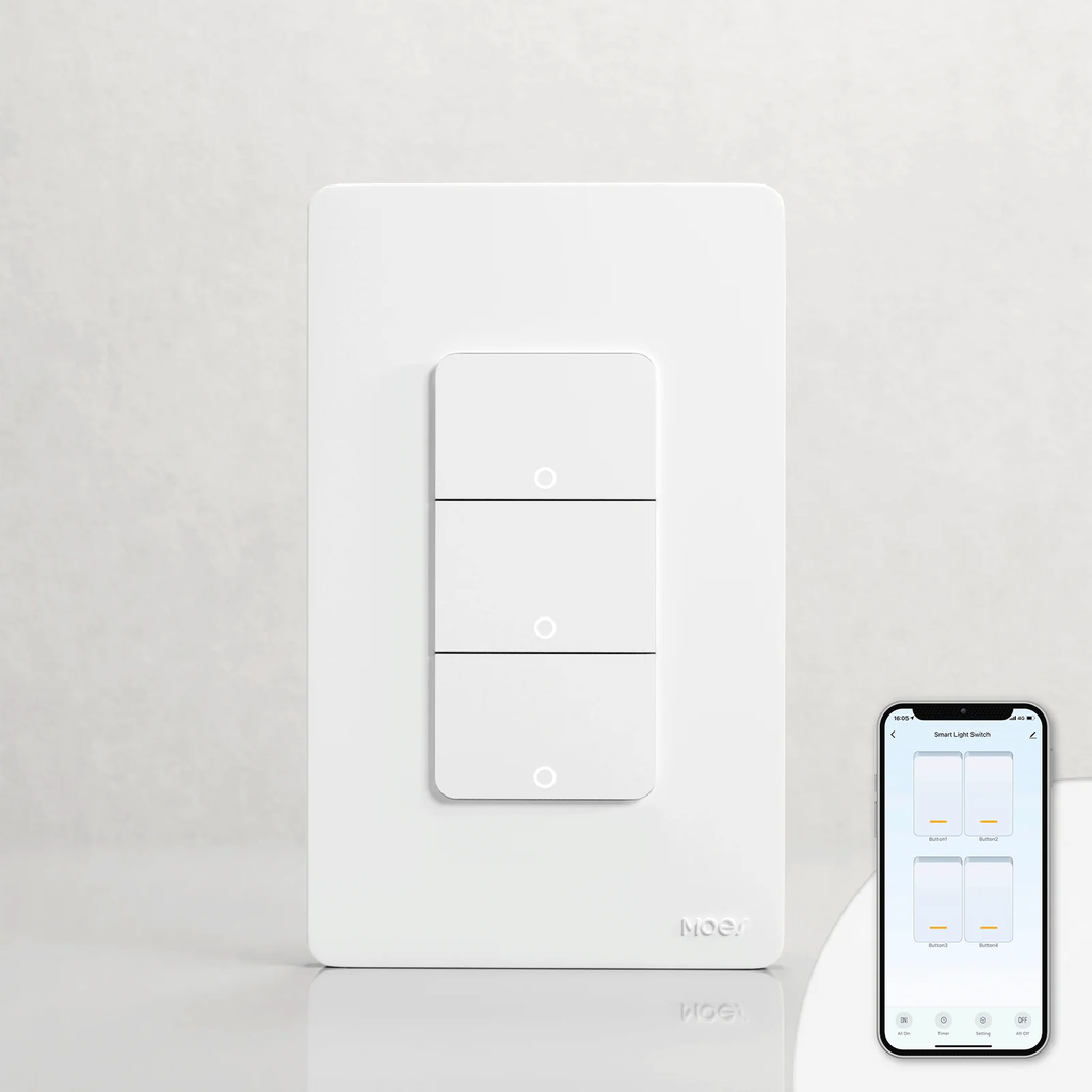 Tecla Smart WIFI de 3 canales. Vivo + Neutro. Color Blanco. Tecla mecánica - MOES