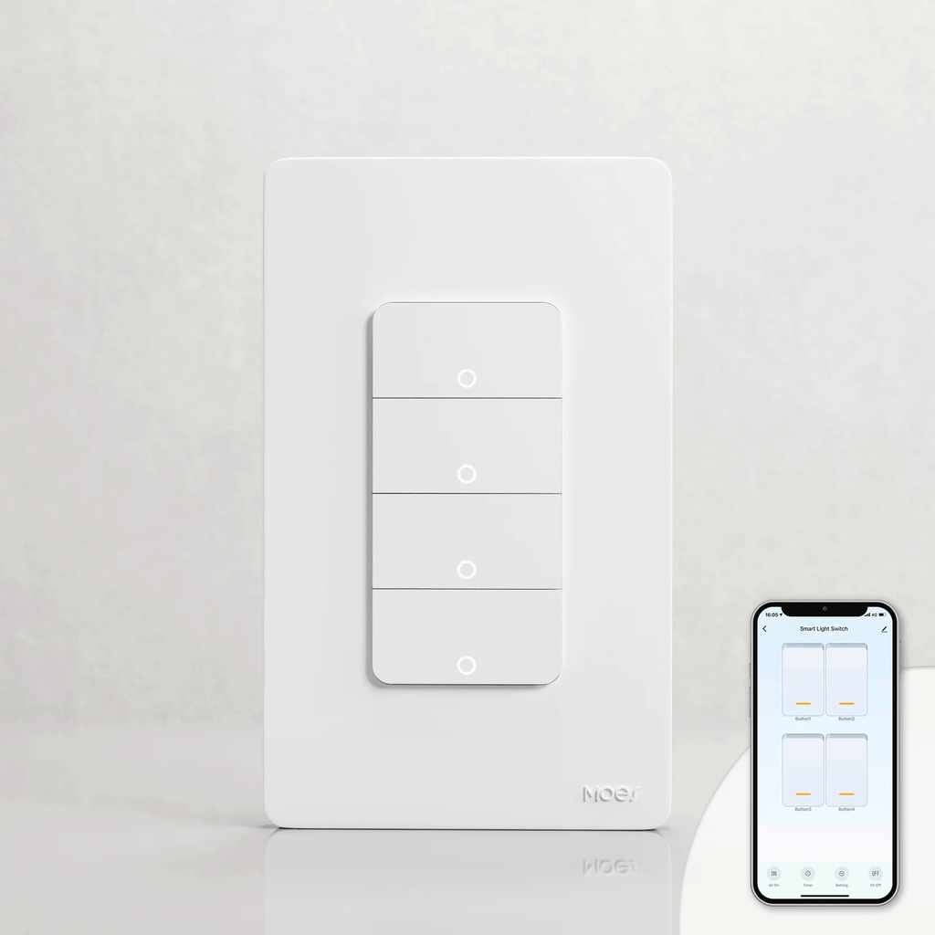 Tecla Smart WIFI de 4 canales. Vivo + Neutro. Color Blanco. Tecla mecánica - MOES