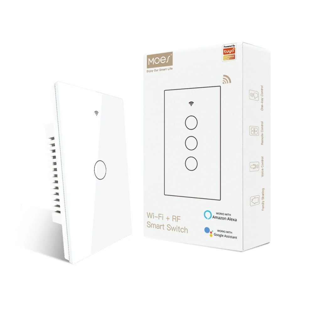 Tecla Smart WIFI de 1 canal. Vivo + Neutro. Color Blanco. Tecla touch. Panel de vidrio - MOES