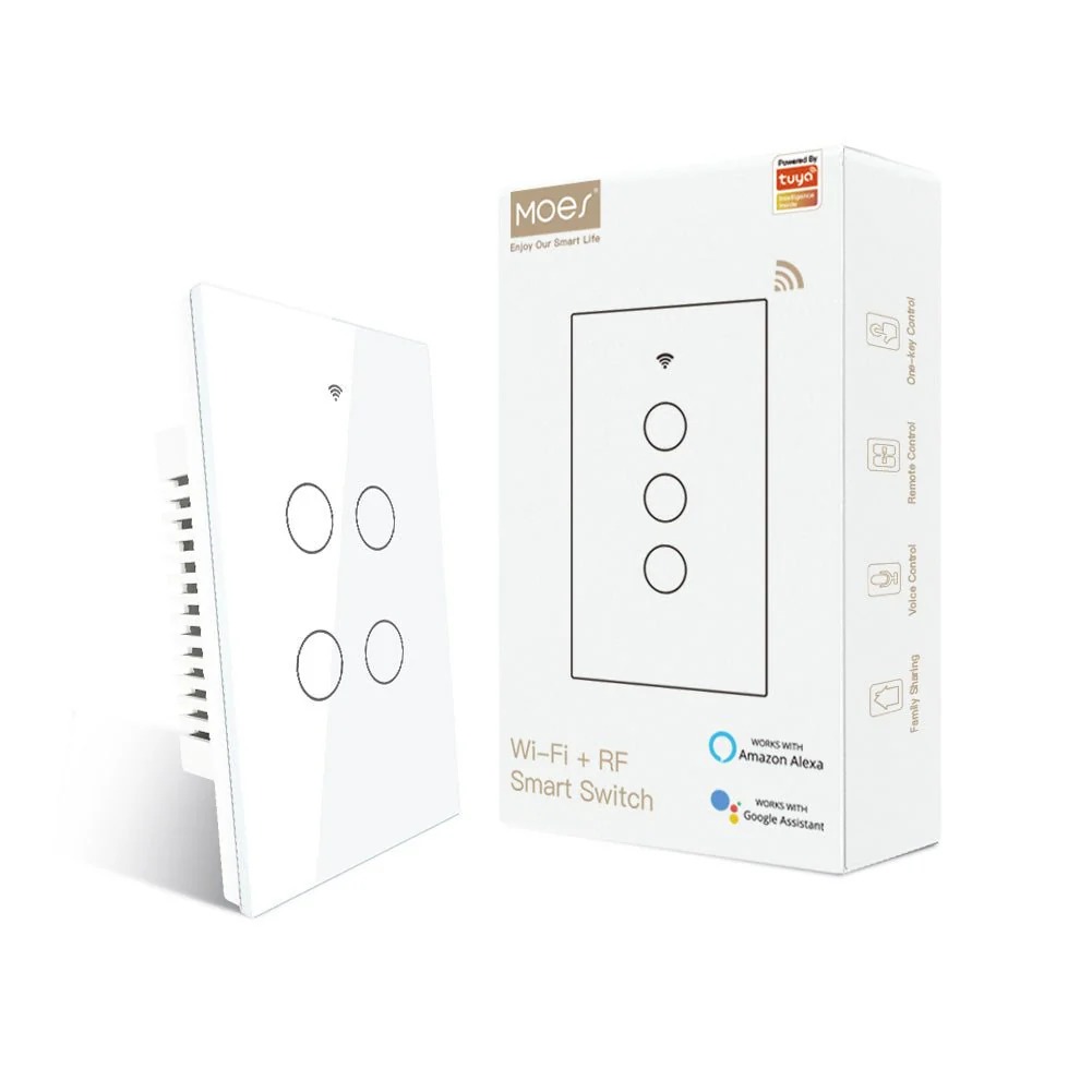 Tecla Smart WIFI de 4 canales. Vivo + Neutro. Color Blanco. Tecla touch. Panel de vidrio