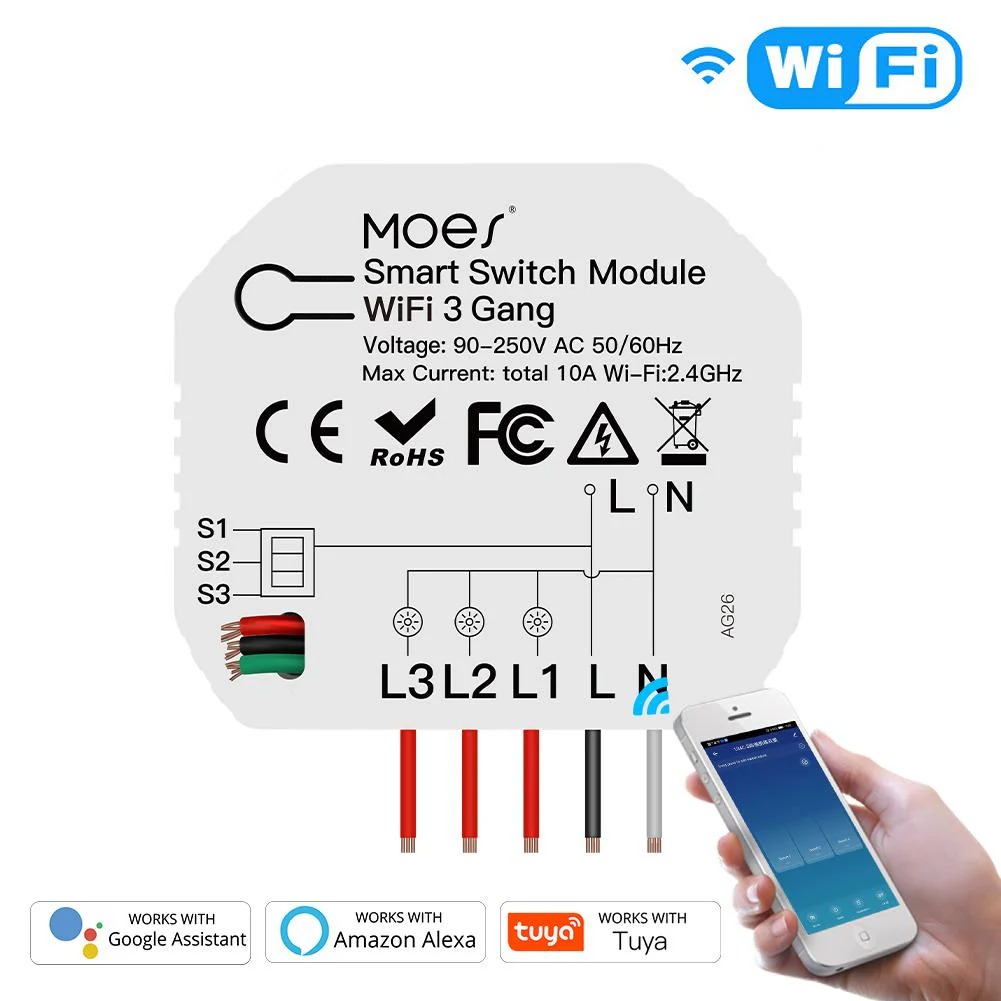 Mini Switch WIFI. Max 10A, 3 Canales - MOES