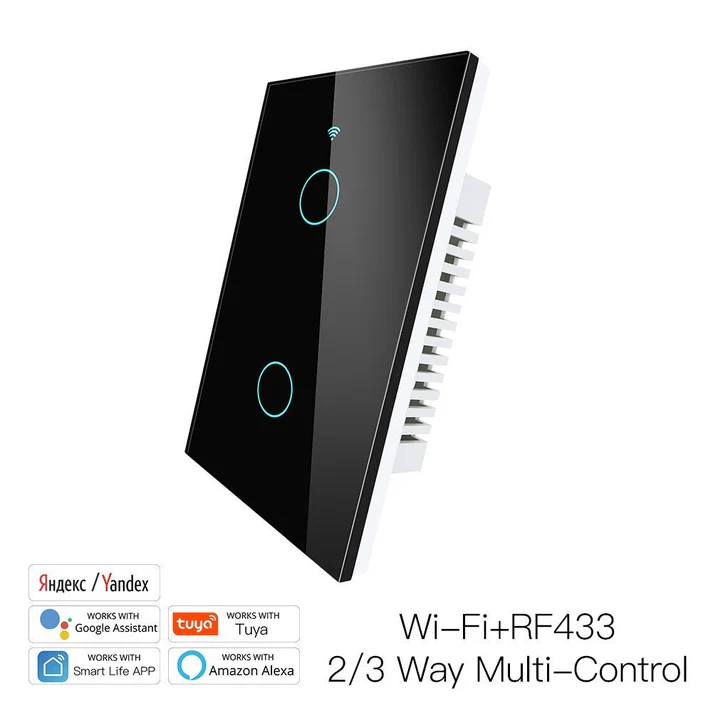 Tecla Smart WIFI de 2 canales. Vivo + Neutro. Color Negro. Tecla touch. Panel de vidrio - MOES