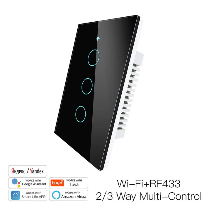 Tecla Smart WIFI de 3 canales. Vivo + Neutro. Color Negro. Tecla touch. Panel de vidrio - MOES