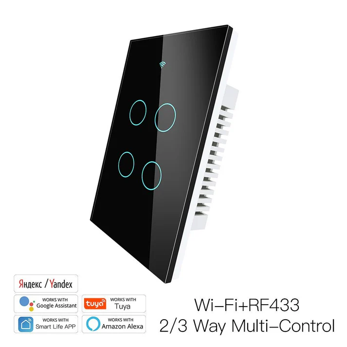 Tecla Smart WIFI de 4 canales. Vivo + Neutro. Color Negro. Tecla touch. Panel de vidrio - MOES