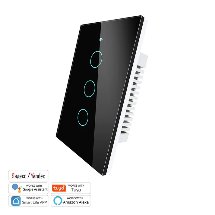 Tecla Smart WIFI de 3 canales. Vivo solo. Color Negro. Tecla touch. Panel de vidrio - MOES