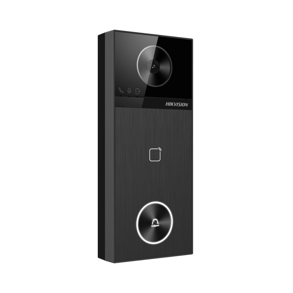 Frente de portero Hikvision 4 mpx, 13,56MHz, Bluetooth, Wi-Fi 6, Bluetooth, Ethernet, 2 salidas de relé, PoE o 12VDC 1,2A