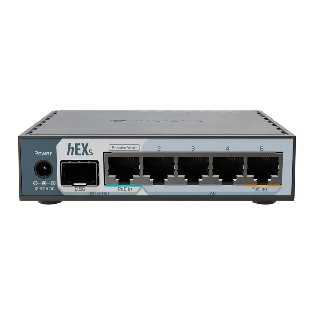 ROUTER MIKROTIK HEX S, 5 PUERTOS GIGABIT + 1 SFP 2.5G, CPU DUAL CORE 950 MHZ, RAM 512MB, USB 3.0, POE IN Y POE OUT PASIVO