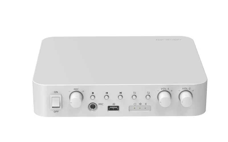 Amplificador audio analógico Hikvision de 60 W, 2 zonas, Bluetooth, USB, micrófono y RCA,  salidas para parlantes de 100 V