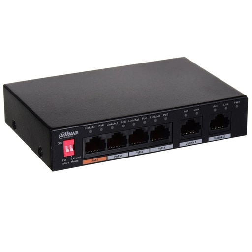 [﻿PFS3006-4ET-60-V2﻿] SWITCH DAHUA COMERCIAL DE CAPA 2, 4 PUERTOS POE, 2 PUERTOS UPLINK, SOPORTA HI-POE 60W, ADMITE TRANSMISIÓN POE DE HASTA 250M.