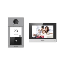 [DS-KIS604-P] KIT HIKVISION VIDEOPORTERO IP WIFI, HIKCONNECT, FRENTE IK08 Y IP65, 12VDC Y  POE, 2 RELÉ,  CÁMARA HD DE 2MP, MIFARE CARD 13.56, PANTALLA