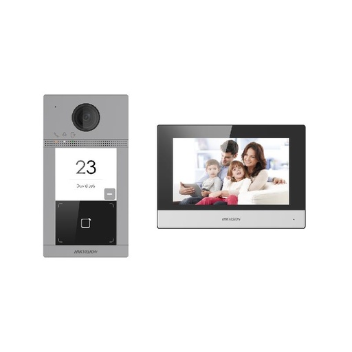 [DS-KIS604-P] KIT HIKVISION VIDEOPORTERO IP WIFI, HIKCONNECT, FRENTE IK08 Y IP65, 12VDC Y  POE, 2 RELÉ,  CÁMARA HD DE 2MP, MIFARE CARD 13.56, PANTALLA