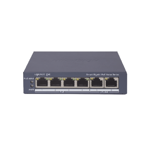 [DS-3E1506P-EI/M] Switch Gigabit PoE+ Hikvision Administrable 4 Puertos GB Mbps PoE+, 2 UP links Gb, Nube, 45 Watts