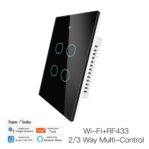 [WRS-US4-BK-MS] Tecla Smart WIFI de 4 canales. Vivo + Neutro. Color Negro. Tecla touch. Panel de vidrio - MOES